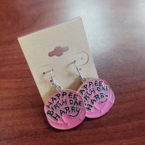 New Handmade Metal and Enamel Happy Birthday Harry Potter Dangle Earrings